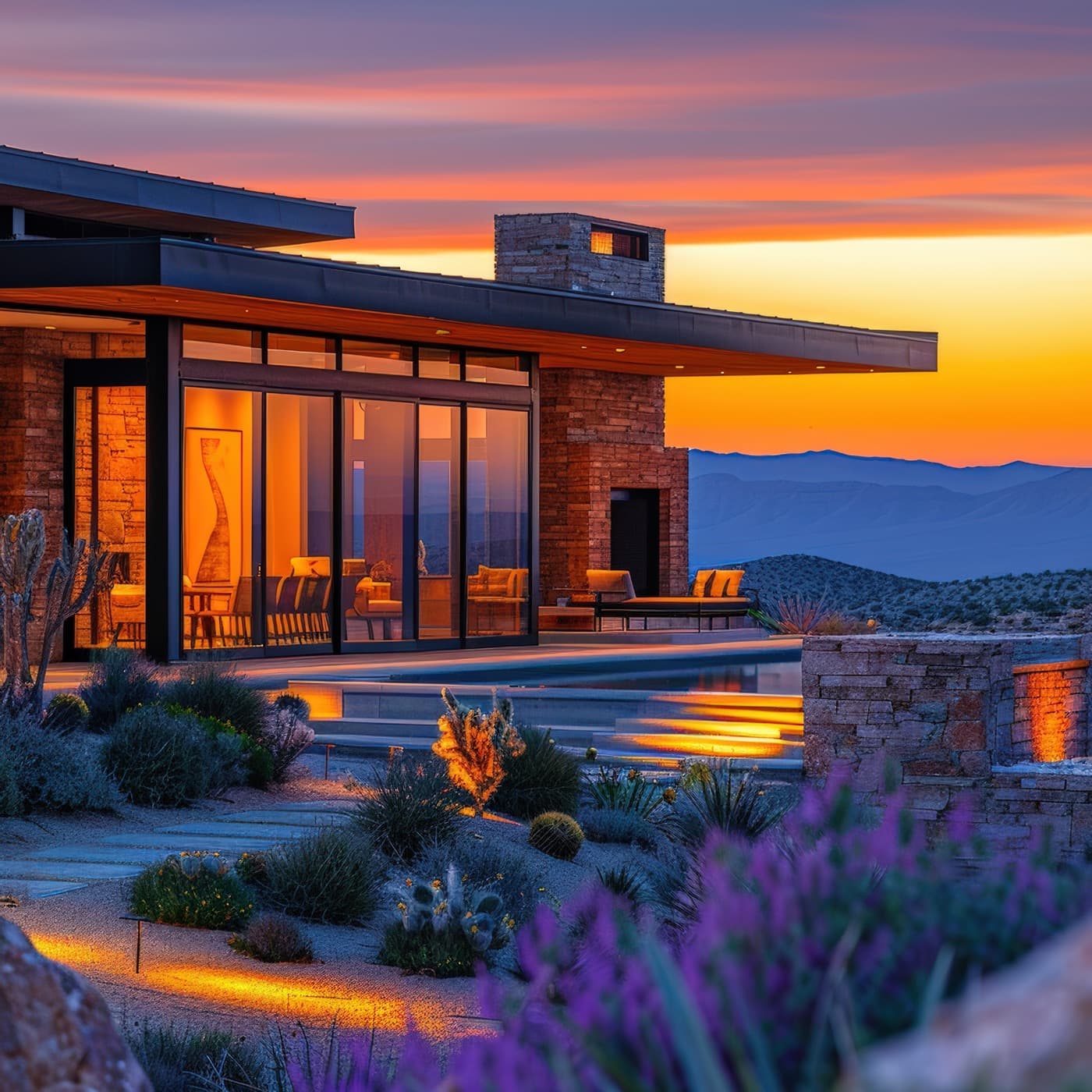 Casa contemporânea ao entardecer, fachada em pedra e madeira com iluminação interna