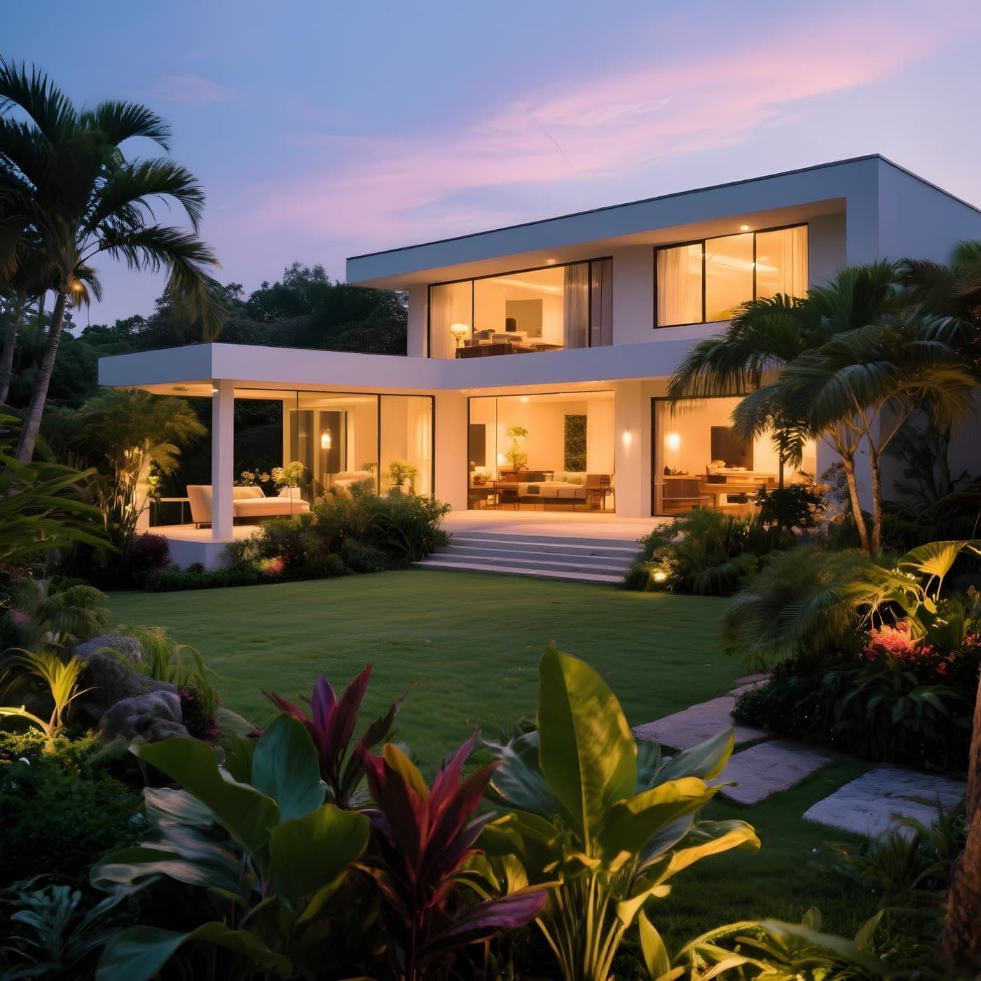 Residência contemporânea com jardim tropical, fachada em vidro iluminada ao entardecer