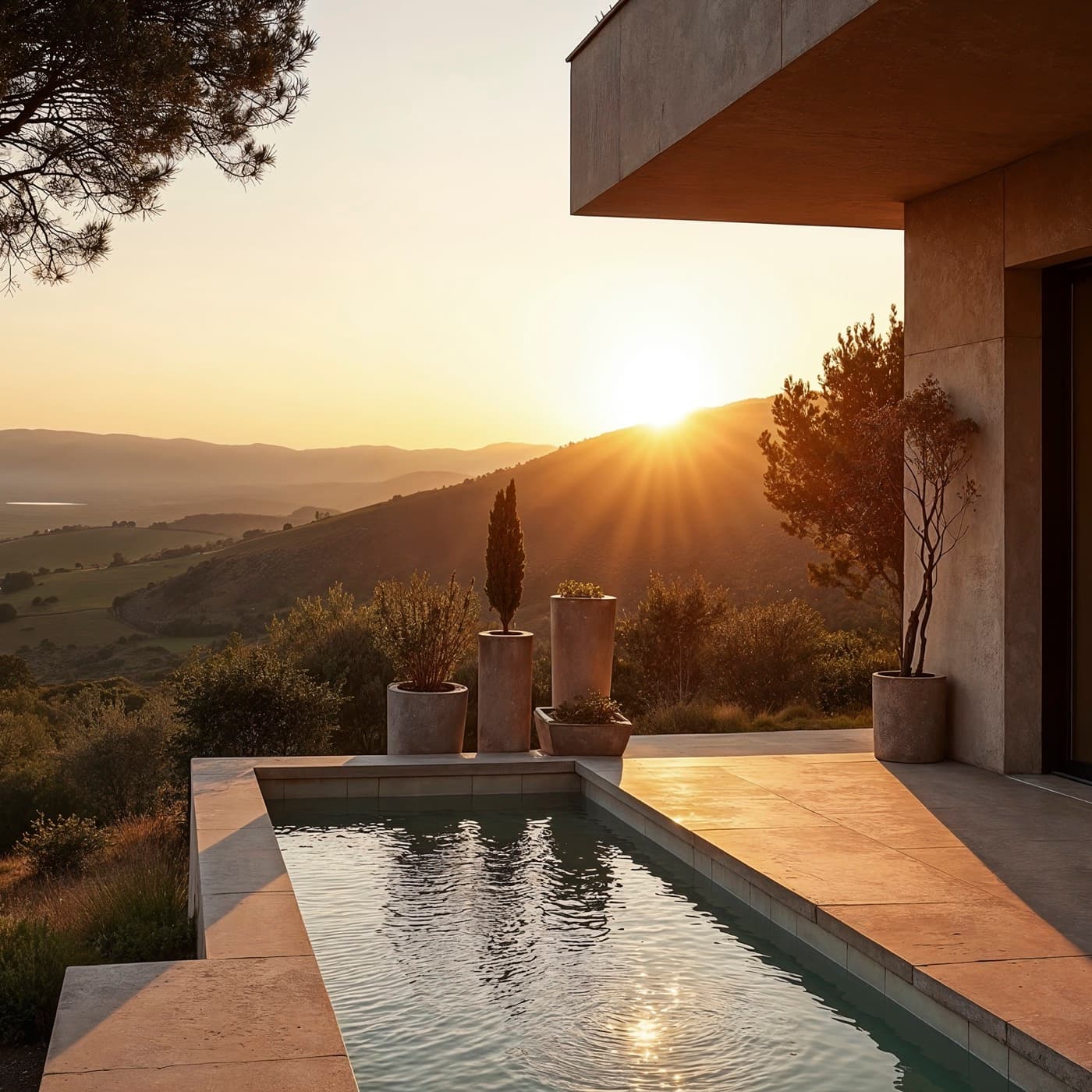 Piscina de borda infinita com vista para o vale ao pôr do sol