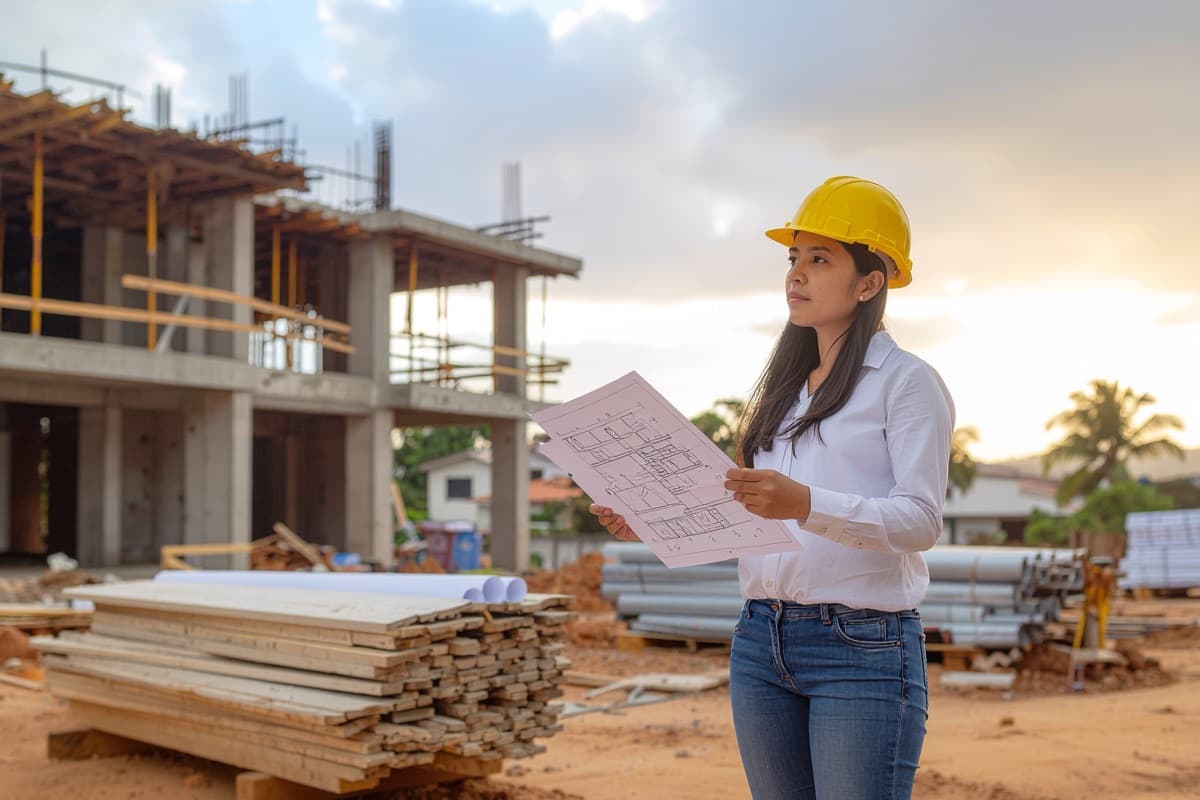 Canteiro de obra residencial organizado, estrutura em concreto com andaimes