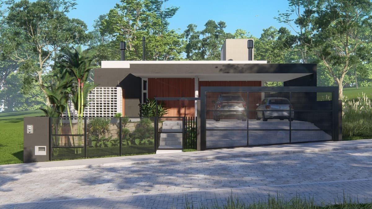 Fachada residencial diurna com portão, cerca e jardim frontal