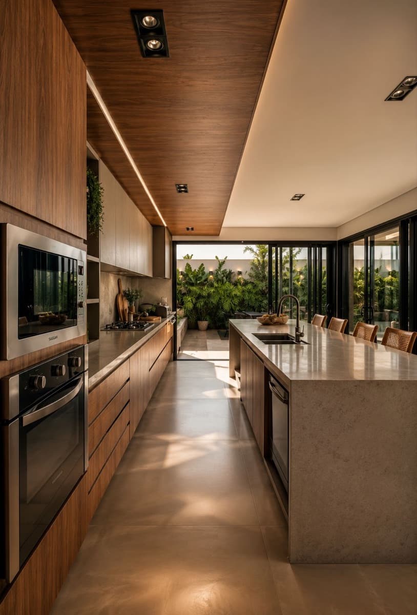 Cozinha contemporânea com ilha em madeira