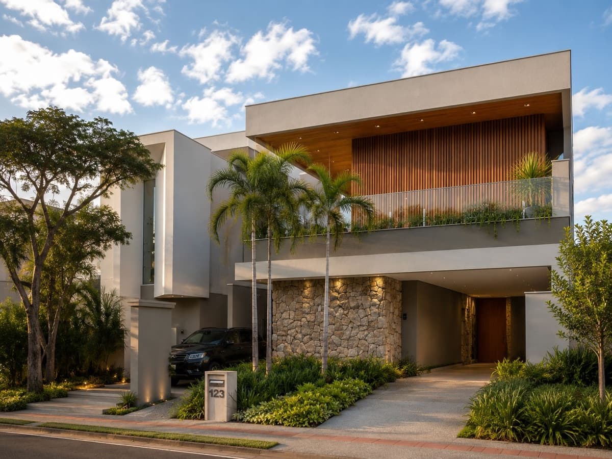 Fachada residencial ao entardecer com revestimento em pedra